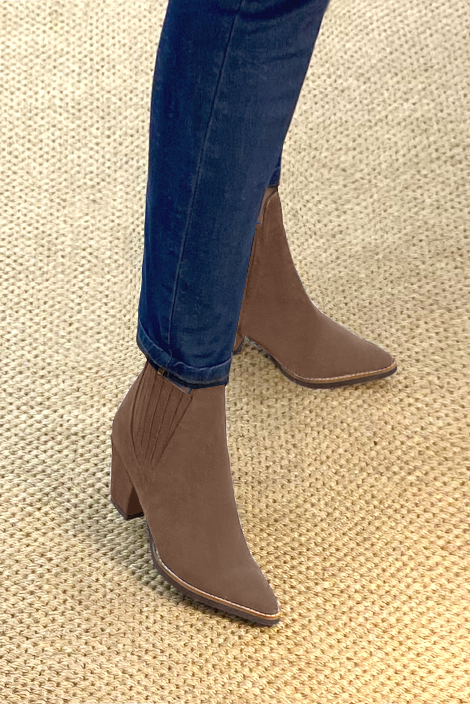 Chocolate brown women's ankle boots, with elastics. Tapered toe. Low cone heels. Worn view - Florence KOOIJMAN